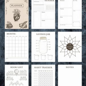 May include: A printable planner bundle with various pages, including a monthly calendar, habit tracker, and savings jar. The cover features a heart illustration. The text "PLANNER BUNDLE" is at the top. The size is 8.5x11 inches.