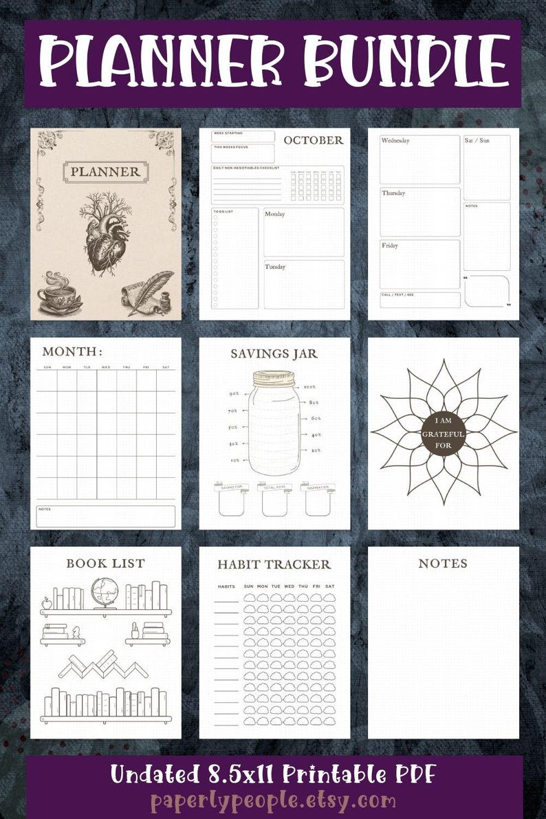 May include: A printable planner bundle with various pages, including a monthly calendar, habit tracker, and savings jar. The cover features a heart illustration. The text "PLANNER BUNDLE" is at the top. The size is 8.5x11 inches.