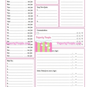May include: A printable weekly planner with pink and green accents. The planner includes sections for upcoming appointments, weekly theme, long-term goals, communications, and must-dos. The planner also includes a section for tracking sales and income.