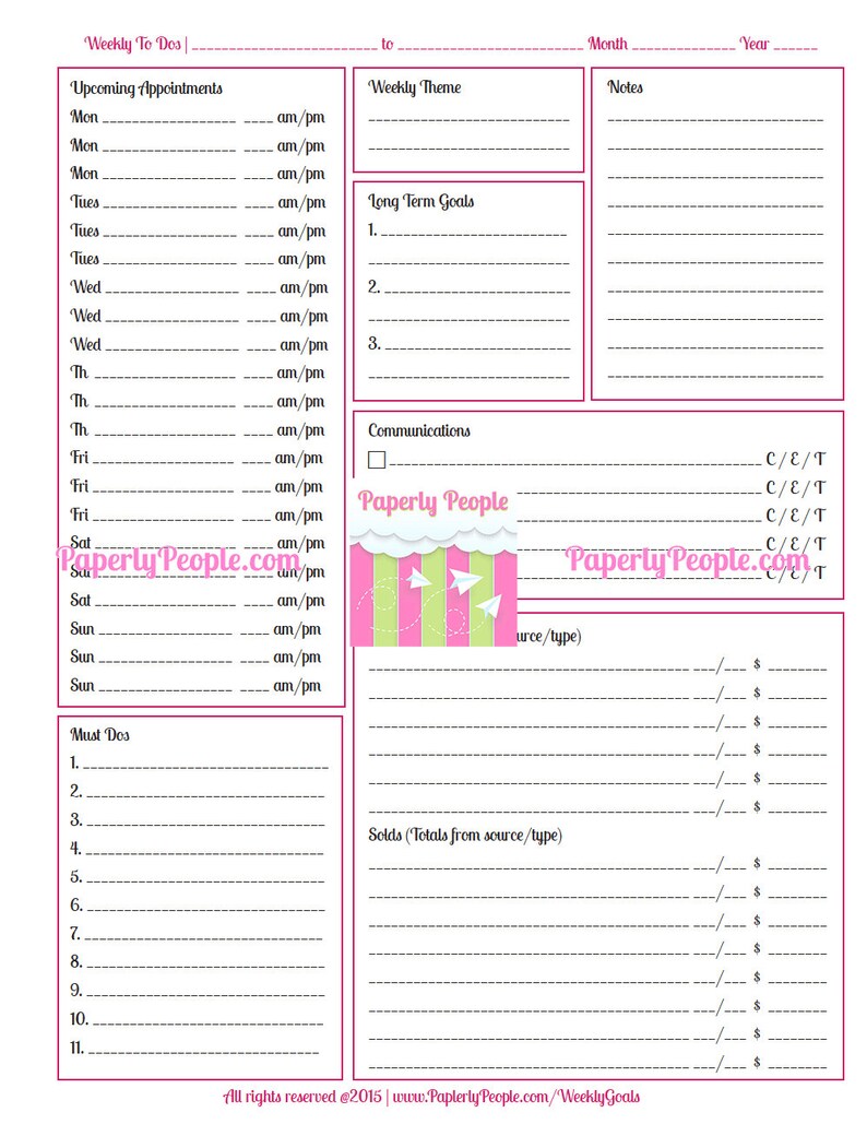 May include: A printable weekly planner with pink and green accents. The planner includes sections for upcoming appointments, weekly theme, long-term goals, communications, and must-dos. The planner also includes a section for tracking sales and income.