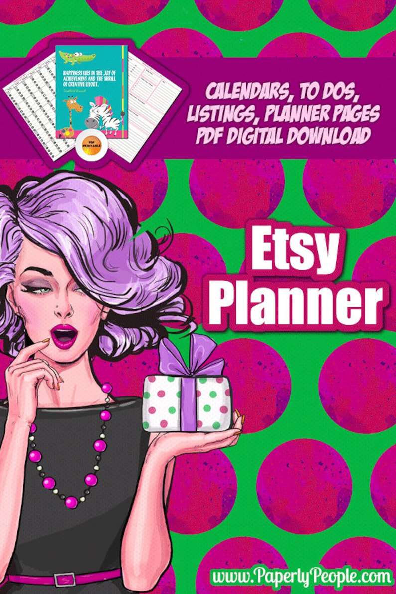 May include: A digital planner with a pink and green polka dot background. The planner features calendars, to-do lists, and other planner pages. The text "Etsy Planner" is in white letters on a pink background. The text "www.PaperlyPeople.com" is at the bottom of the image.