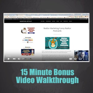 May include: A computer screen displaying a website with the text "Realtor Marketing Funny Realtor Postcards" and a video player with a 15-minute bonus video walkthrough.