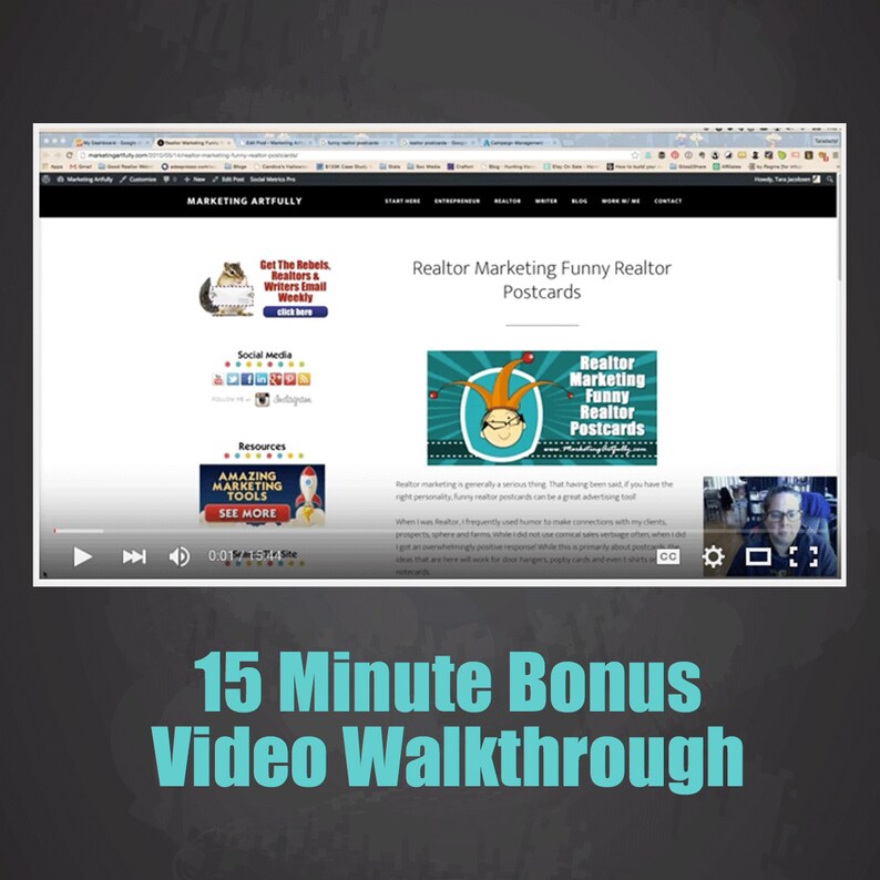 May include: A computer screen displaying a website with the text "Realtor Marketing Funny Realtor Postcards" and a video player with a 15-minute bonus video walkthrough.