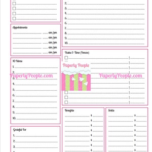 May include: A printable daily planner with sections for daily to-dos, appointments, 10 ideas, tasks and time, boughts, solds, and grateful for. The planner has a pink and green color scheme with a paper airplane graphic.