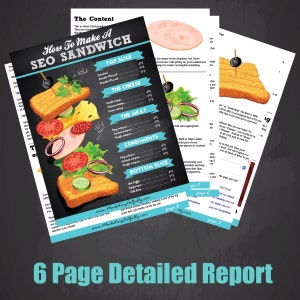 May include: A colorful infographic titled "How To Make A SEO Sandwich" with a visual representation of a sandwich with different ingredients labeled as "Top Slice", "The Cheese", "The Meat", "Condiments", and "Bottom Slice".