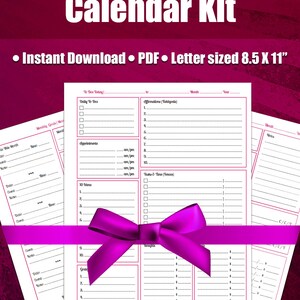 May include: A printable small business calendar kit in a pink and white color scheme. The kit includes a daily to-do list, appointments, 10 ideas, tasks and time, and receipts. The kit is letter-sized, 8.5 x 11 inches.