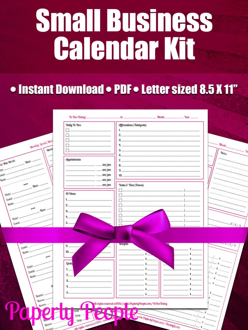 May include: A printable small business calendar kit in a pink and white color scheme. The kit includes a daily to-do list, appointments, 10 ideas, tasks and time, and receipts. The kit is letter-sized, 8.5 x 11 inches.