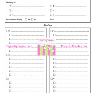 May include: A white printable planner page with sections for concept, marketing, and action items. The page includes checkboxes and lines for writing. The "Paperly People" logo is visible. The text "Big Idea" is at the top.