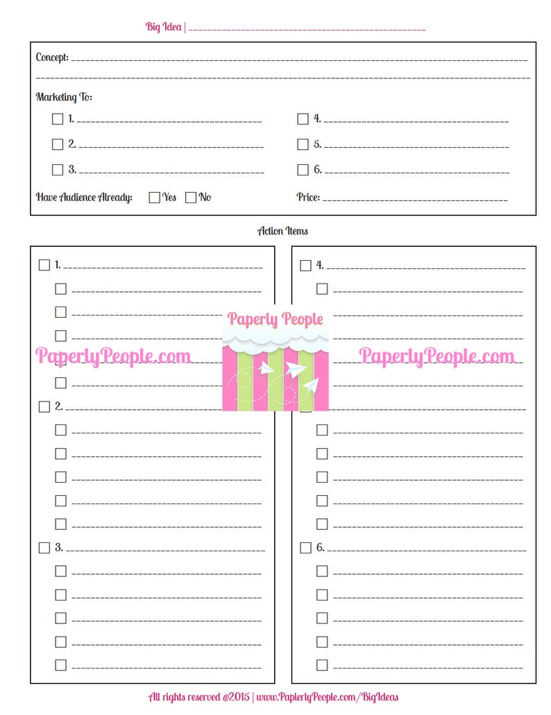 May include: A white printable planner page with sections for concept, marketing, and action items. The page includes checkboxes and lines for writing. The "Paperly People" logo is visible. The text "Big Idea" is at the top.