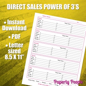 Könnte beinhalten: Ein schwarz-weißer druckbarer Planer mit rosa Akzenten. Der Planer trägt den Titel "Direct Sales Power of 3's" und enthält ein tägliches Protokoll zur Verfolgung von Freunden, Nachrichten, Einladungen, Geschäftsmöglichkeiten und Nachverfolgungen. Der Planer hat das Format Letter, 21,59 x 27,94 cm.