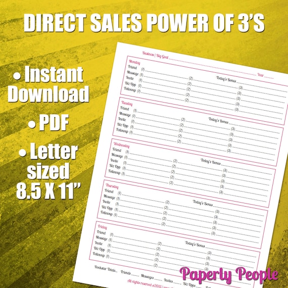 Direct Sales Worksheet - The Power Of 3s | Network Marketing, Goal Setting, Sales Form, Lead Generating, Followup Forms, Printable Planner