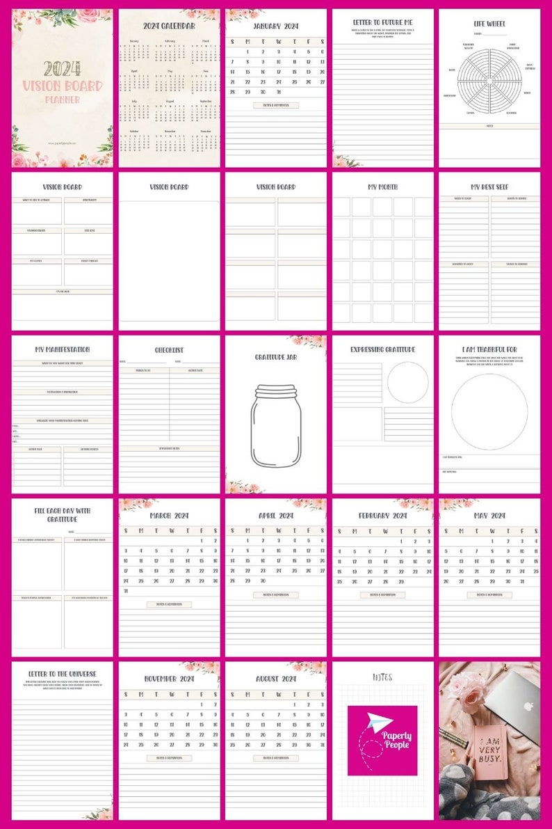 2024 Vision Board Planner Printable 48 Page Bundle 8.5x11 US Letter PDF Printable Planner Manifesting Affirmations image 3