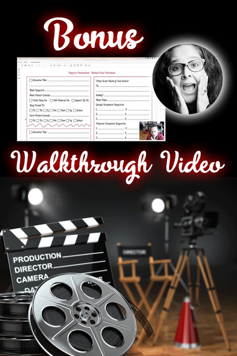 May include: A red and white clapperboard with the words "PRODUCTION", "DIRECTOR", and "CAMERA" written on it. A film reel is in the foreground, and a camera on a tripod is in the background. The text "Walkthrough Video" is written in red letters above the clapperboard.