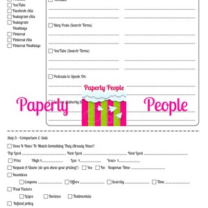 May include: A checklist for researching, comparing, and selling products. The checklist includes steps for researching features, comparing prices, and determining incentives. The checklist is titled "Paperly People".