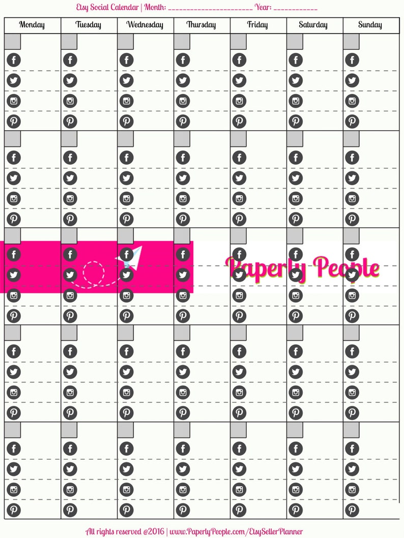 May include: A printable social media calendar with a pink and white background. The calendar is divided into seven days of the week: Monday, Tuesday, Wednesday, Thursday, Friday, Saturday, and Sunday. Each day has a column with spaces for posting on Facebook, Twitter, Instagram, and Pinterest. The calendar is titled "Etsy Social Calendar".