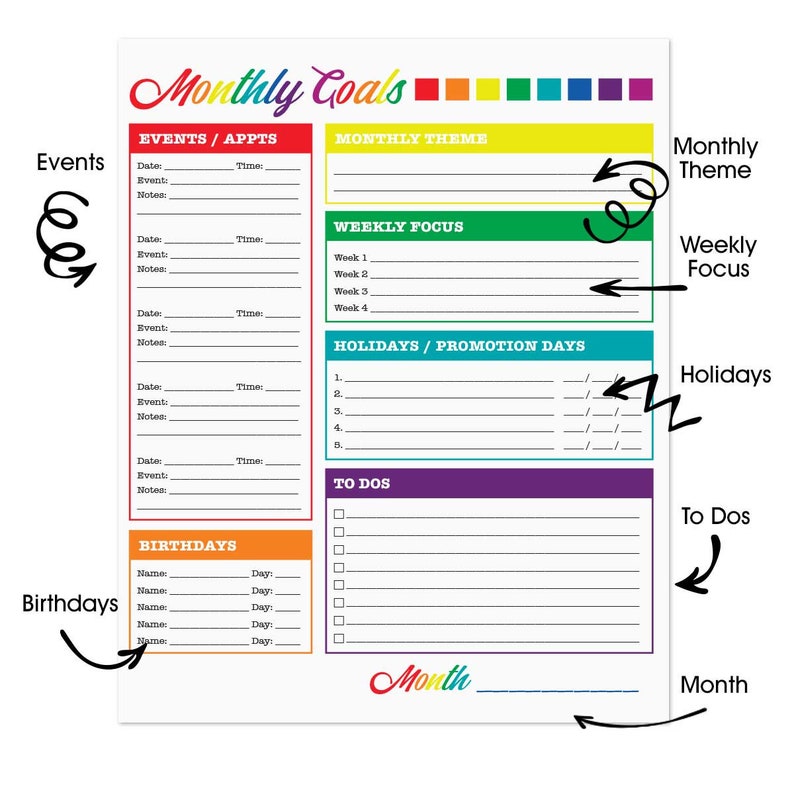 May include: A printable monthly goal planner with sections for events, weekly focus, holidays, to-dos, and birthdays. The planner is colorful with a rainbow design at the top.