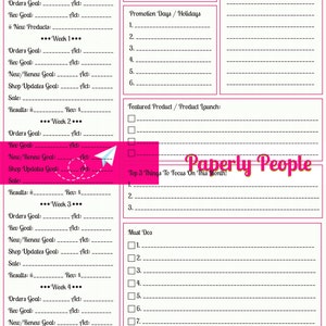 May include: A printable monthly goal planner for Etsy sellers. The planner includes sections for monthly goals, views, sales, revenue, new products, promotion days, featured products, and must-dos. The planner is designed by Paperly People.