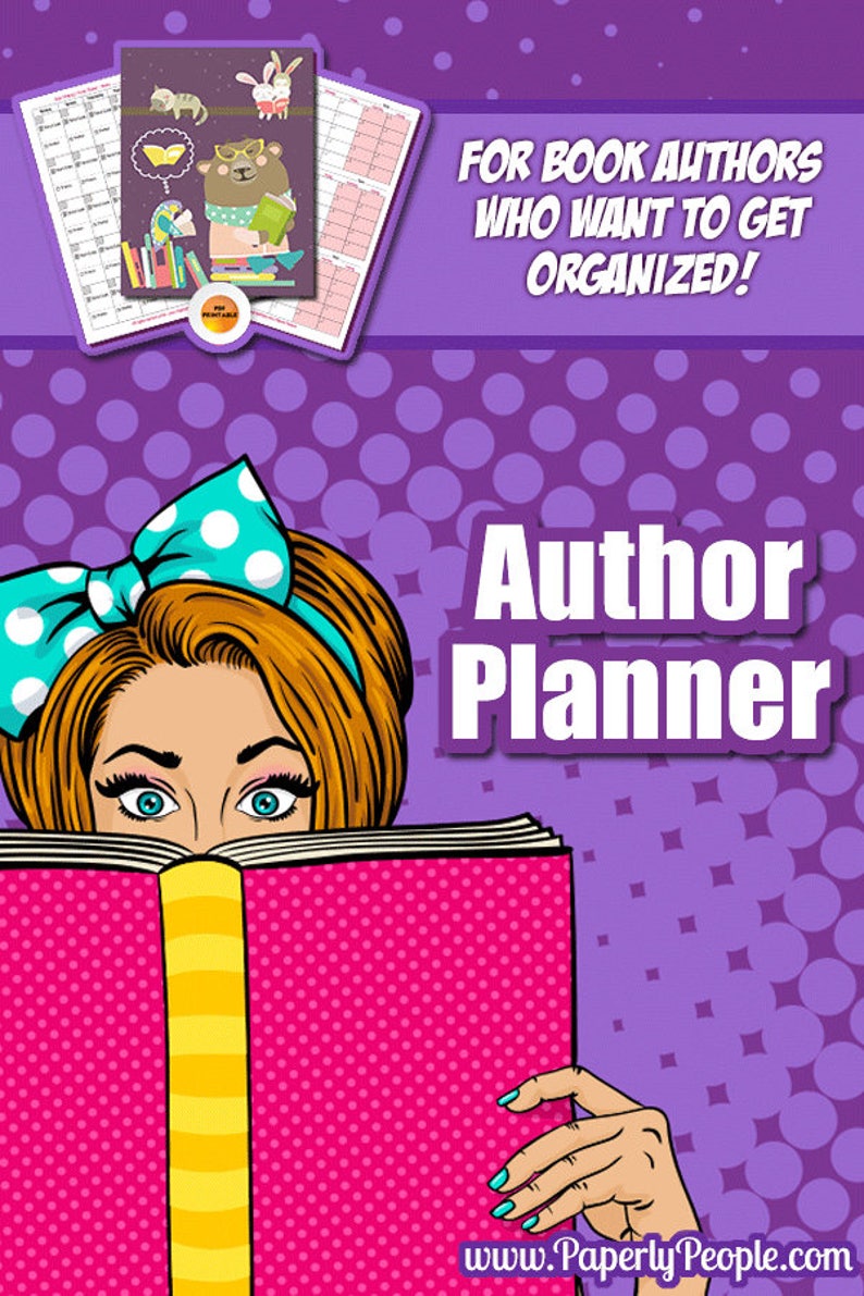 May include: A pink book with yellow stripes on the spine is held by a woman with a blue and white polka dot headband. The text "Author Planner" is in white letters on a purple background with white polka dots. The text "FOR BOOK AUTHORS WHO WANT TO GET ORGANIZED!" is in white letters on a purple background. The text "www.PaperlyPeople.com" is in white letters on a purple background.
