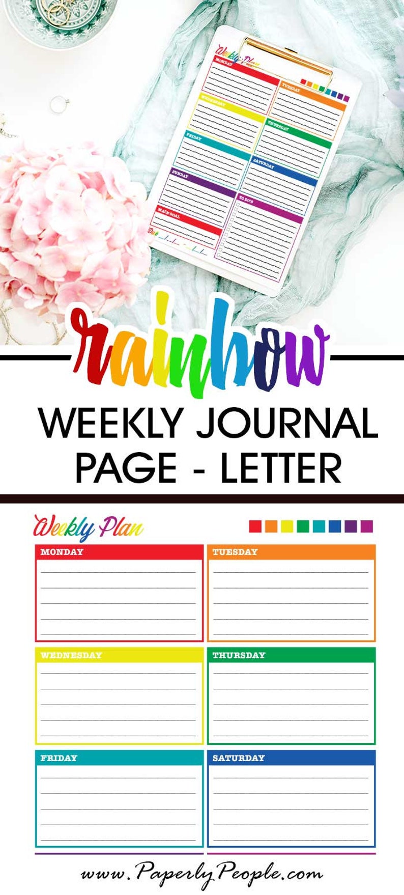 Rainbow Journal Weekly Printable Planner Page, US Letter Size 8.5 X 11, Planners Inserts, Colorful Pretty Cute Happy image 2