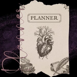 May include: A printable planner with a vintage aesthetic. The cover features the word "PLANNER" in a decorative frame, a detailed anatomical heart illustration, and other vintage-style drawings. The text at the top reads "34 PAGE PRINTABLE PDF BUNDLE".