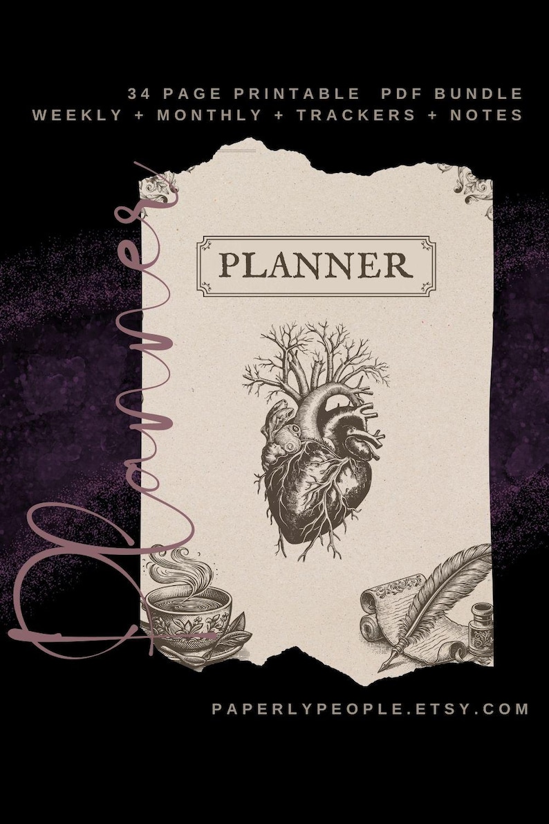 May include: A printable planner with a vintage aesthetic. The cover features the word "PLANNER" in a decorative frame, a detailed anatomical heart illustration, and other vintage-style drawings. The text at the top reads "34 PAGE PRINTABLE PDF BUNDLE".