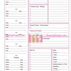 May include: A printable monthly goal planner with sections for events, promotions, featured products, must-dos, and goals. The planner has a pink and green color scheme with a paper airplane graphic.