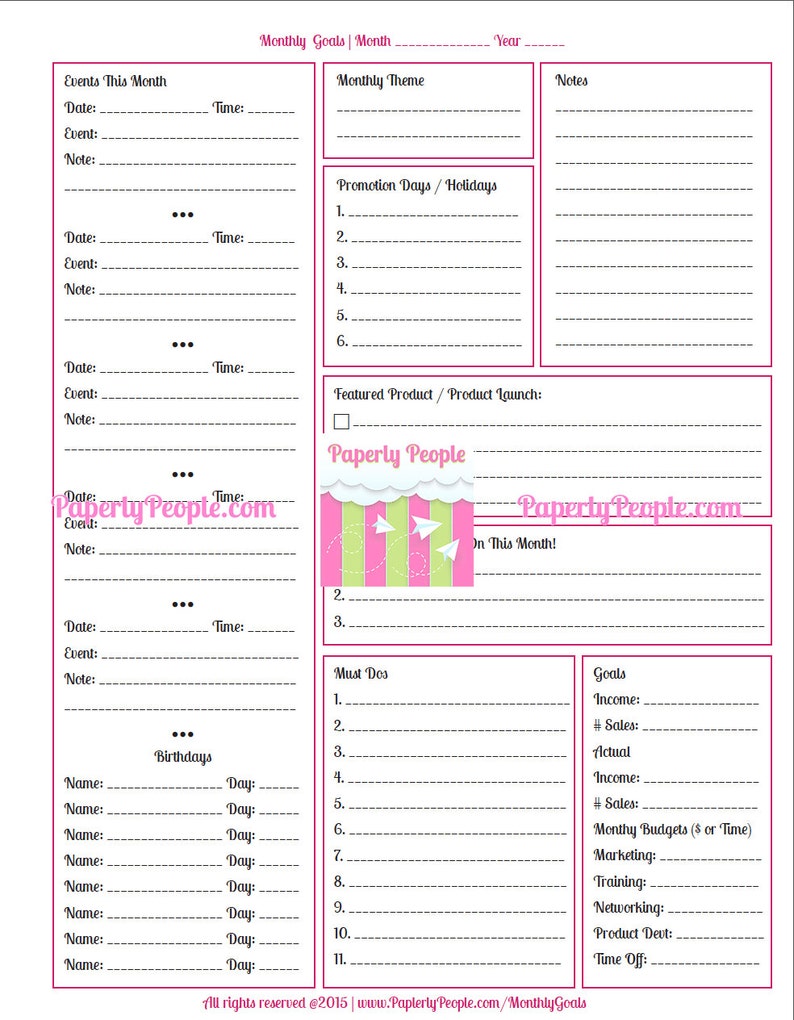 May include: A printable monthly goal planner with sections for events, promotions, featured products, must-dos, and goals. The planner has a pink and green color scheme with a paper airplane graphic.