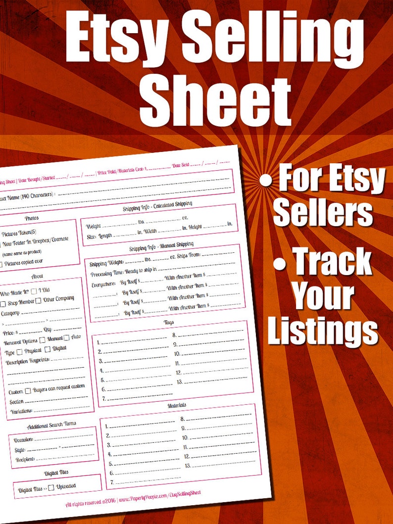 Etsy Products Listing Sheet Etsy Seller, Form, Listing Template, Etsy Template, For Etsy Sellers, Seller Tools, Etsy Tools, PDF Printable image 1