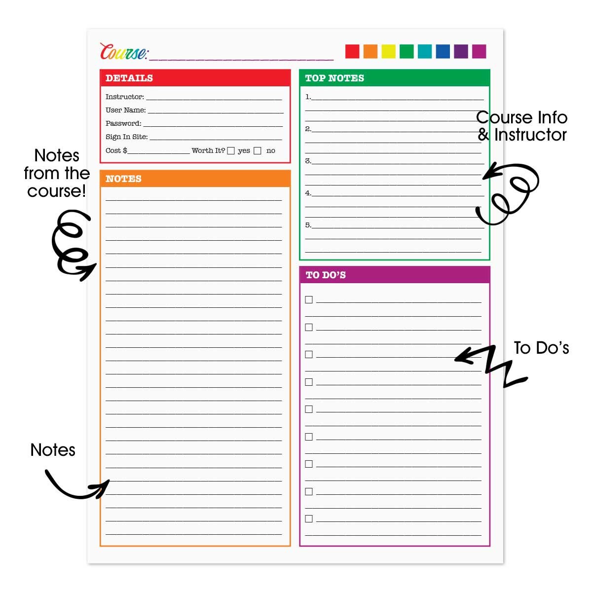Course Notes Printable Rainbow Journal Planner Page How to Take Courses ...