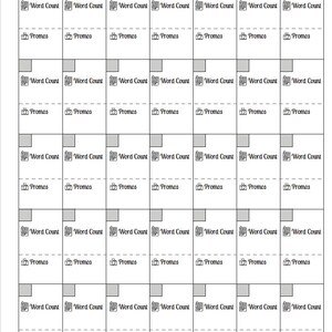 May include: A black and white printable planner for tracking book writing and promotions. The planner is divided into days of the week and includes sections for word count and promotions.