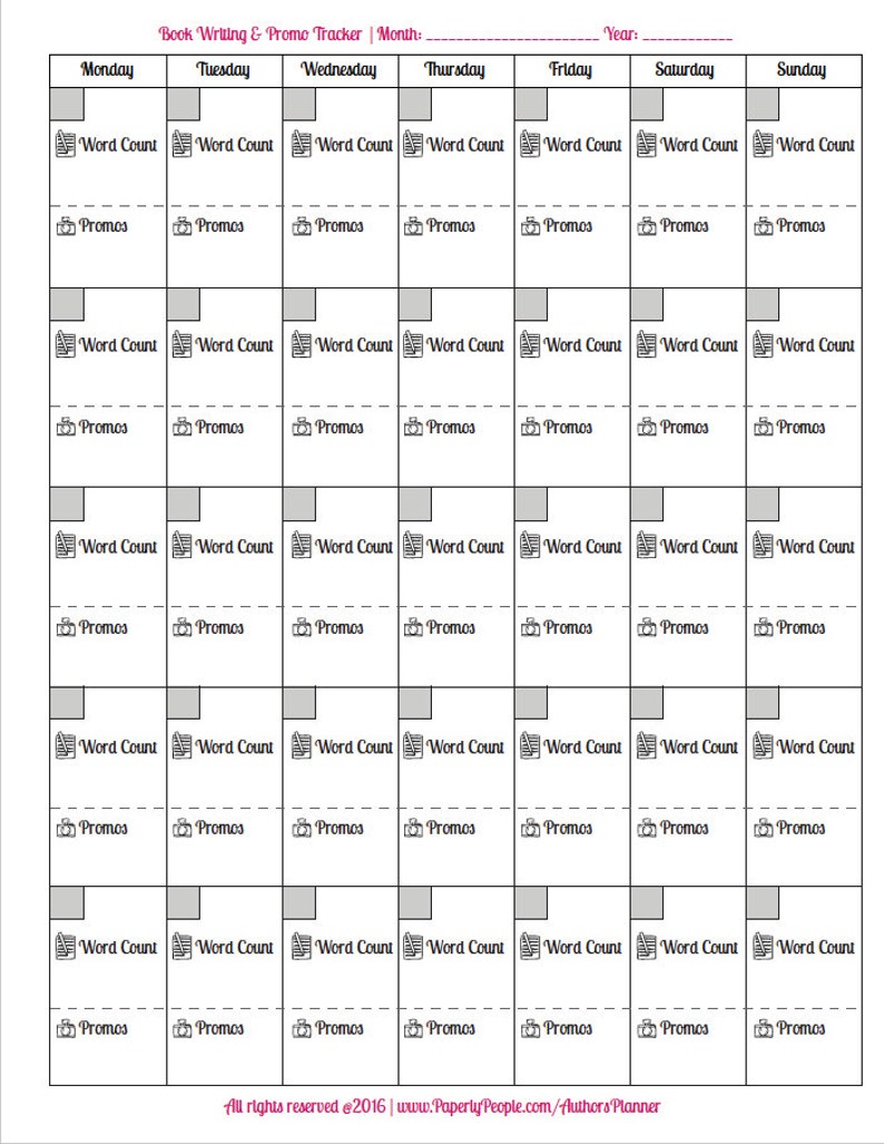 May include: A black and white printable planner for tracking book writing and promotions. The planner is divided into days of the week and includes sections for word count and promotions.