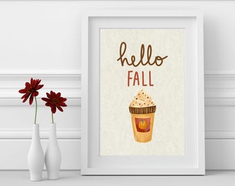 Arte de pared imprimible de Hola Otoño / Decoración de otoño / Arte de café de moda / Decoración de temporada / Decoración del hogar de otoño / Arte de apartamento / Impresión de especias de calabaza
