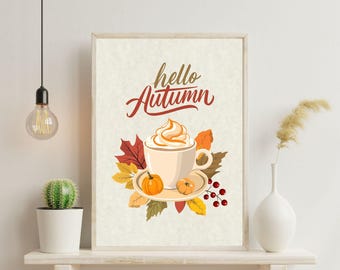 Arte de pared imprimible de Hola Otoño / Decoración de otoño / Arte de pared de oficina de moda / Decoración de temporada para dormitorio / Decoración del hogar de otoño / Arte de apartamento