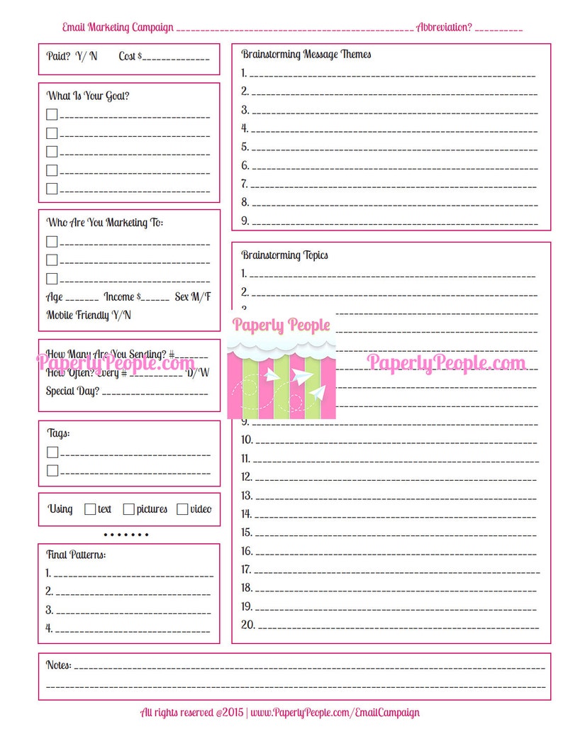 May include: A pink and green printable worksheet with the title "Email Marketing Campaign" and the text "Paperly People.com". The worksheet is designed to help users plan and organize their email marketing campaigns.