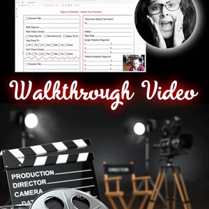 May include: A black and white clapperboard with the words "PRODUCTION", "DIRECTOR", and "CAMERA" written on it. A film reel is in the foreground, and a camera on a tripod is in the background. The text "Walkthrough Video" is written in red letters above the clapperboard.