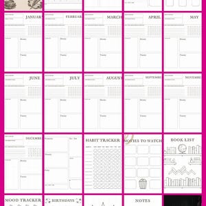 May include: A white planner with a pink border, featuring monthly calendars, habit trackers, and lists. Includes sections for notes, movies, and books. The cover has the word "PLANNER" and a heart illustration.