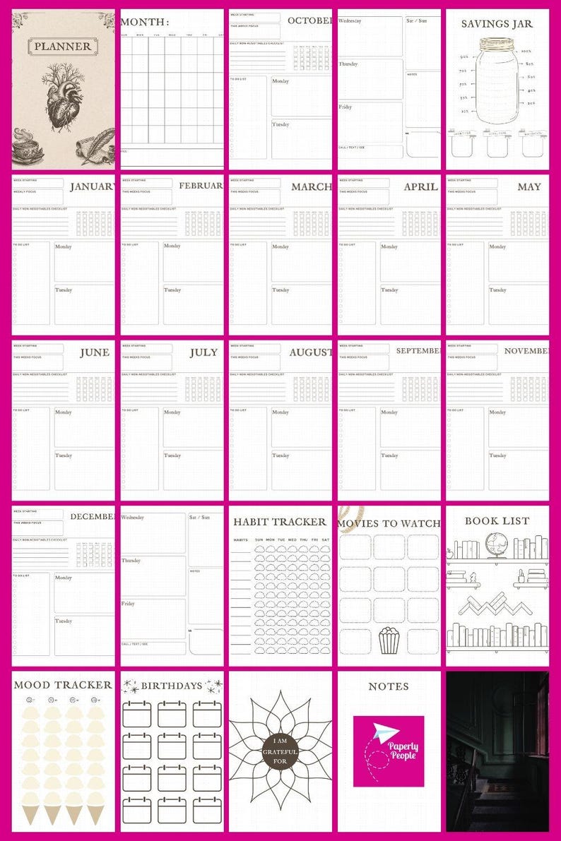 May include: A white planner with a pink border, featuring monthly calendars, habit trackers, and lists. Includes sections for notes, movies, and books. The cover has the word "PLANNER" and a heart illustration.