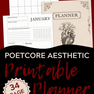 May include: A printable planner bundle with a dark aesthetic. The design includes monthly, weekly, and daily planning pages. The cover features a heart illustration and the word "Planner". The bundle includes 34 pages.