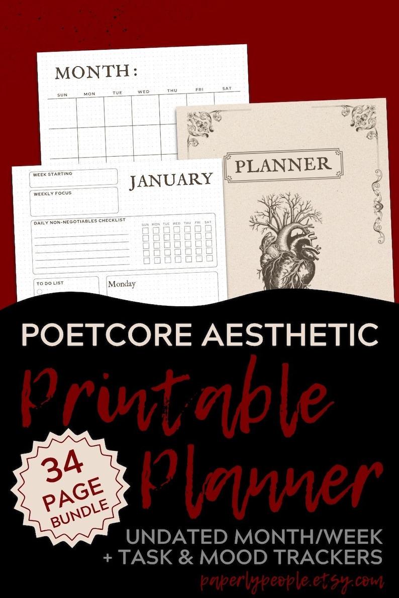 May include: A printable planner bundle with a dark aesthetic. The design includes monthly, weekly, and daily planning pages. The cover features a heart illustration and the word "Planner". The bundle includes 34 pages.