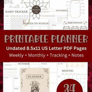 May include: Printable planner with undated 8.5x11 US Letter PDF pages. Includes weekly, monthly, tracking, and notes sections. Features a book list, habit tracker, and savings jar design. The planner has 34 pages.