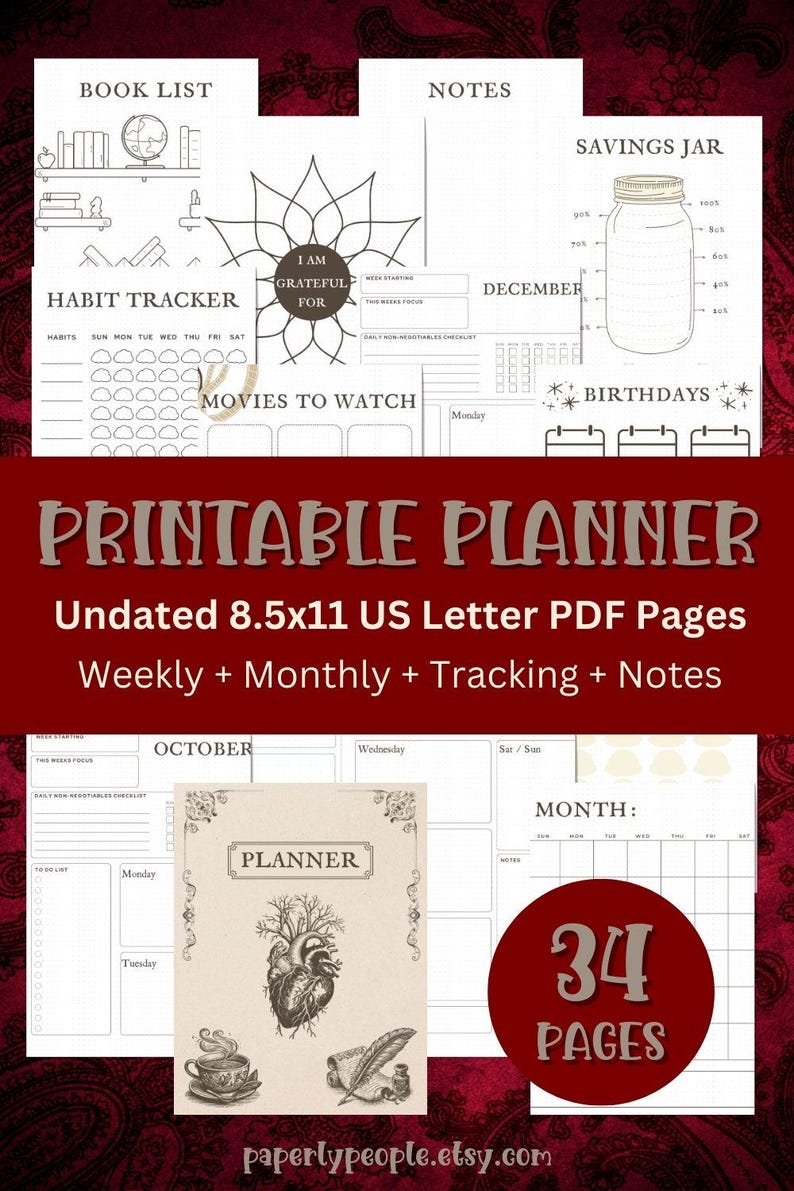 May include: Printable planner with undated 8.5x11 US Letter PDF pages. Includes weekly, monthly, tracking, and notes sections. Features a book list, habit tracker, and savings jar design. The planner has 34 pages.