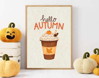Arte de pared imprimible de Hola Otoño / Decoración de otoño / Arte de café de moda / Decoración de temporada / Decoración del hogar de otoño / Arte de apartamento / Impresión de especias de calabaza