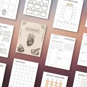 May include: A collection of printable planner pages with various designs. Includes pages for a book list, monthly calendar, habit tracker, mood tracker, and savings jar. The planner cover features a heart illustration and the word "PLANNER".