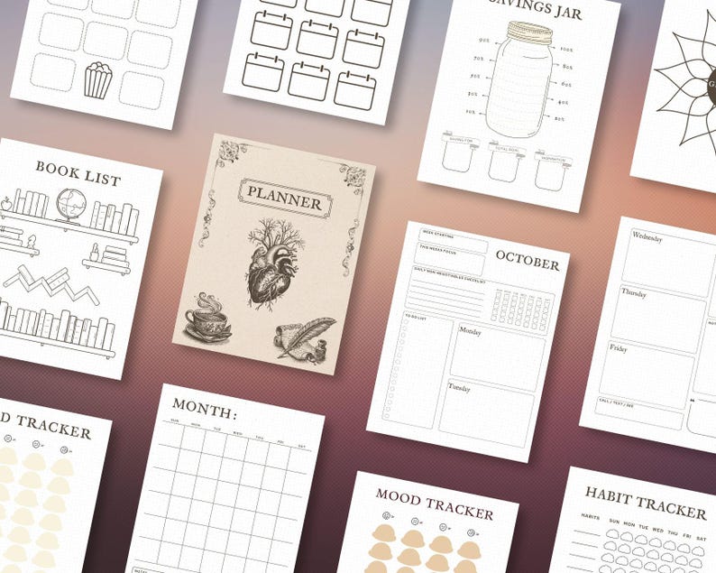 May include: A collection of printable planner pages with various designs. Includes pages for a book list, monthly calendar, habit tracker, mood tracker, and savings jar. The planner cover features a heart illustration and the word "PLANNER".