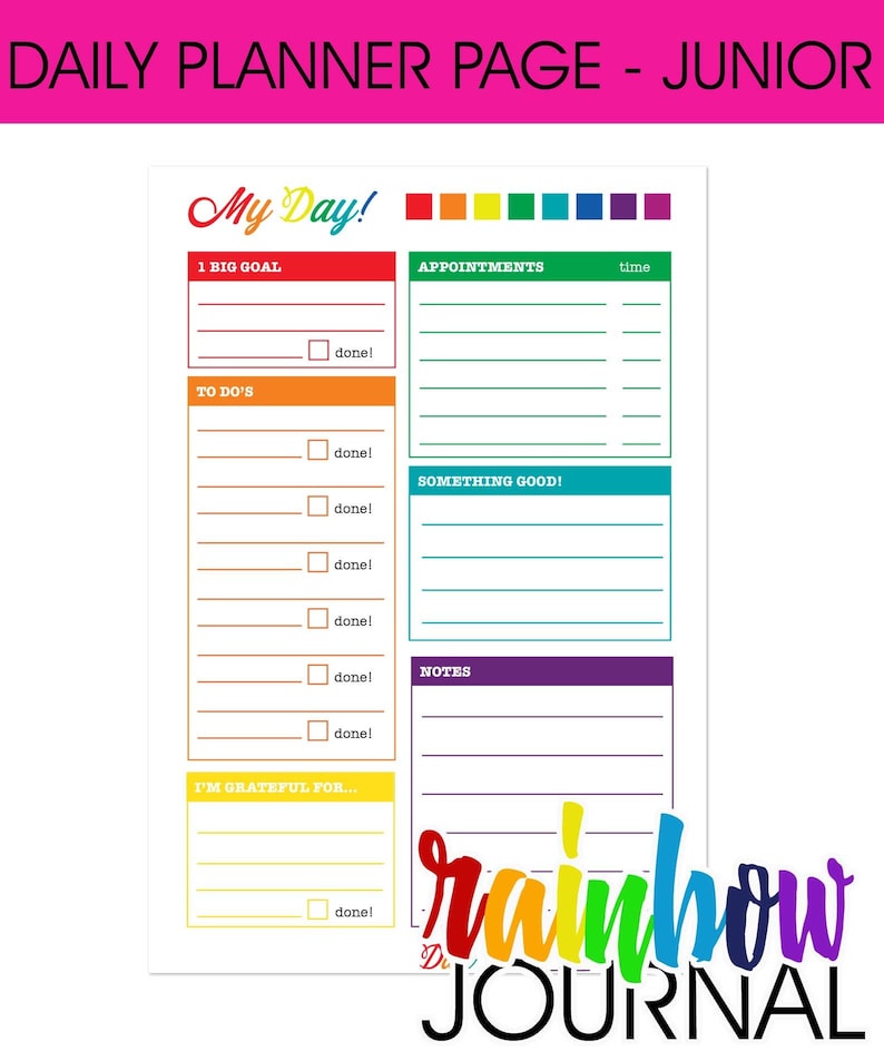 Rainbow Journal Daily Printable Planner Page, Junior Half Size ...