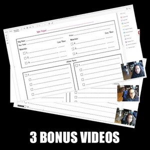 May include: A stack of white project planning sheets with a black background. The sheets have sections for "Big Idea," "Due Date," "Materials," and "Action Items." The text "3 BONUS VIDEOS" is at the bottom in white.