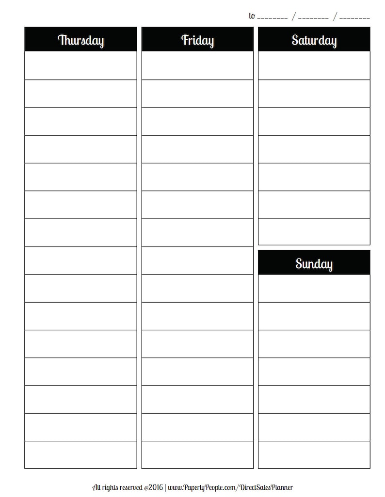 May include: A weekly planner with a white background and black grid lines. The days of the week are labeled at the top of each column: Thursday, Friday, Saturday, and Sunday. The planner includes horizontal lines for writing notes.