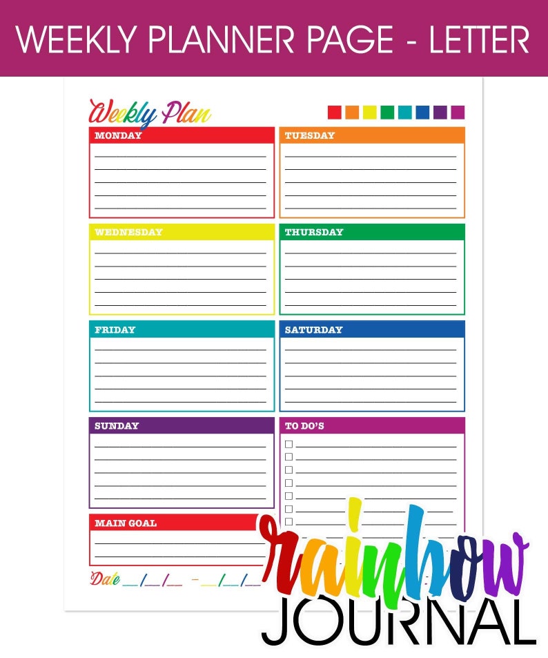 Rainbow Journal Weekly Printable Planner Page, US Letter Size 8.5 X 11, Planners Inserts, Colorful Pretty Cute Happy zdjęcie 1