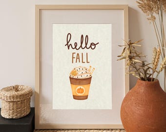 Arte de pared imprimible de Hola Otoño / Decoración de otoño / Arte de café de moda / Decoración de temporada / Decoración del hogar de otoño / Arte de apartamento / Impresión de especias de calabaza