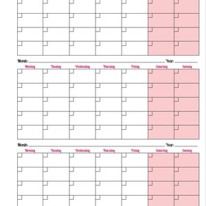 May include: A printable planner with three blank monthly calendars. Each calendar has a section for Monday through Sunday, with a larger section for Saturday and Sunday. The calendars are in black and white with a pink background for the weekend.